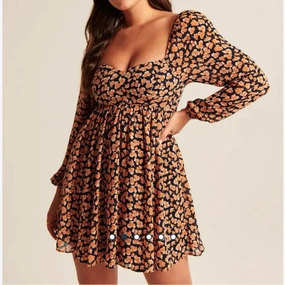 🫎ABERCROMBIE Long Sleeve Babydoll Mini Dress in Floral Print - Picture 1 of 11